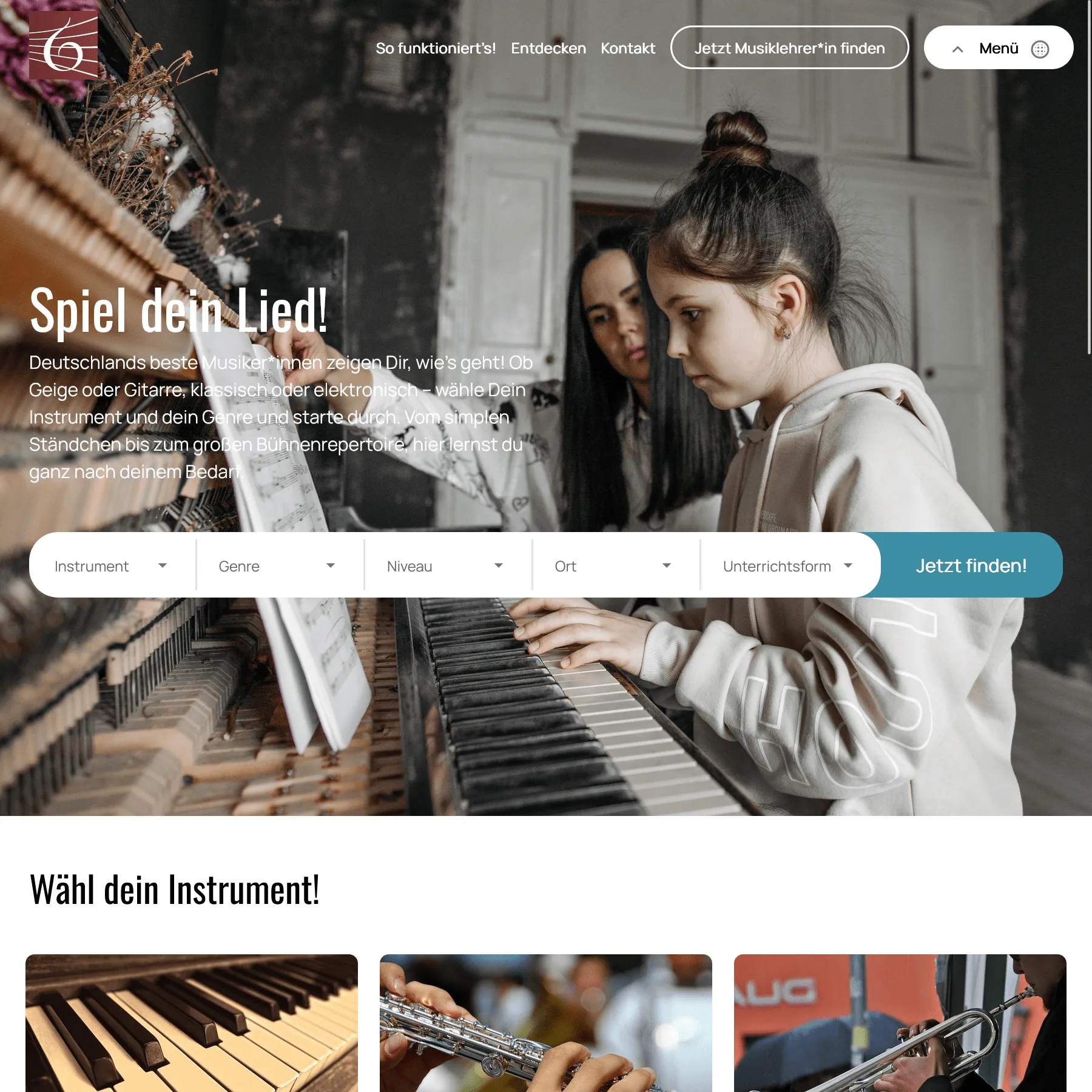 Screenshot der Musiklehrerbörse für das Hamburger Konservatorium