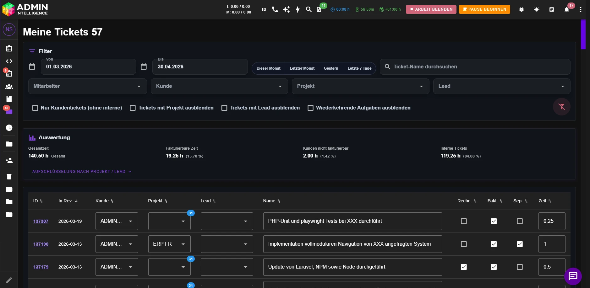 Screenshot des Ticketsystems von AdminIntelligence